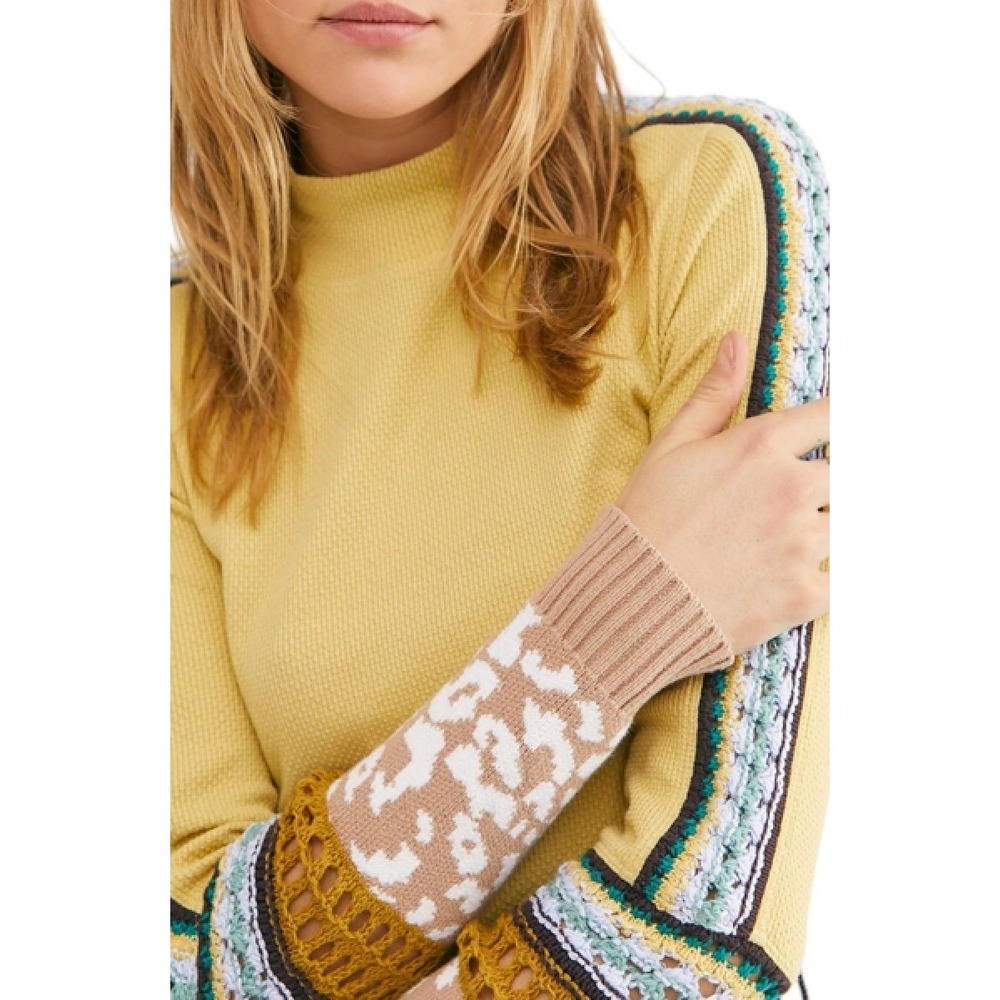 Free People Yellow Crochet Sleeve Thermal Top Size Small Boho